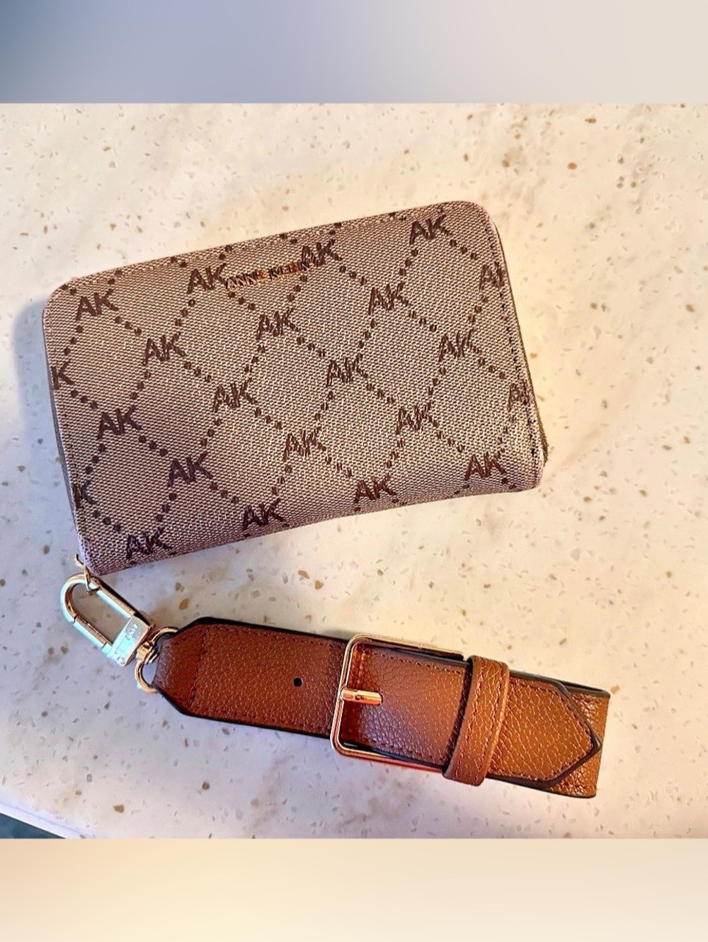 Anne Klein Monogram Zip Around Wallet with Detachable Strap Brown